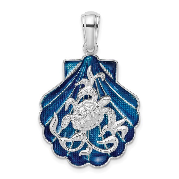 925 Sterling Silver Enameled Blue Shell Turtle Necklace Charm Pendant w Chain - Picture 3 of 9